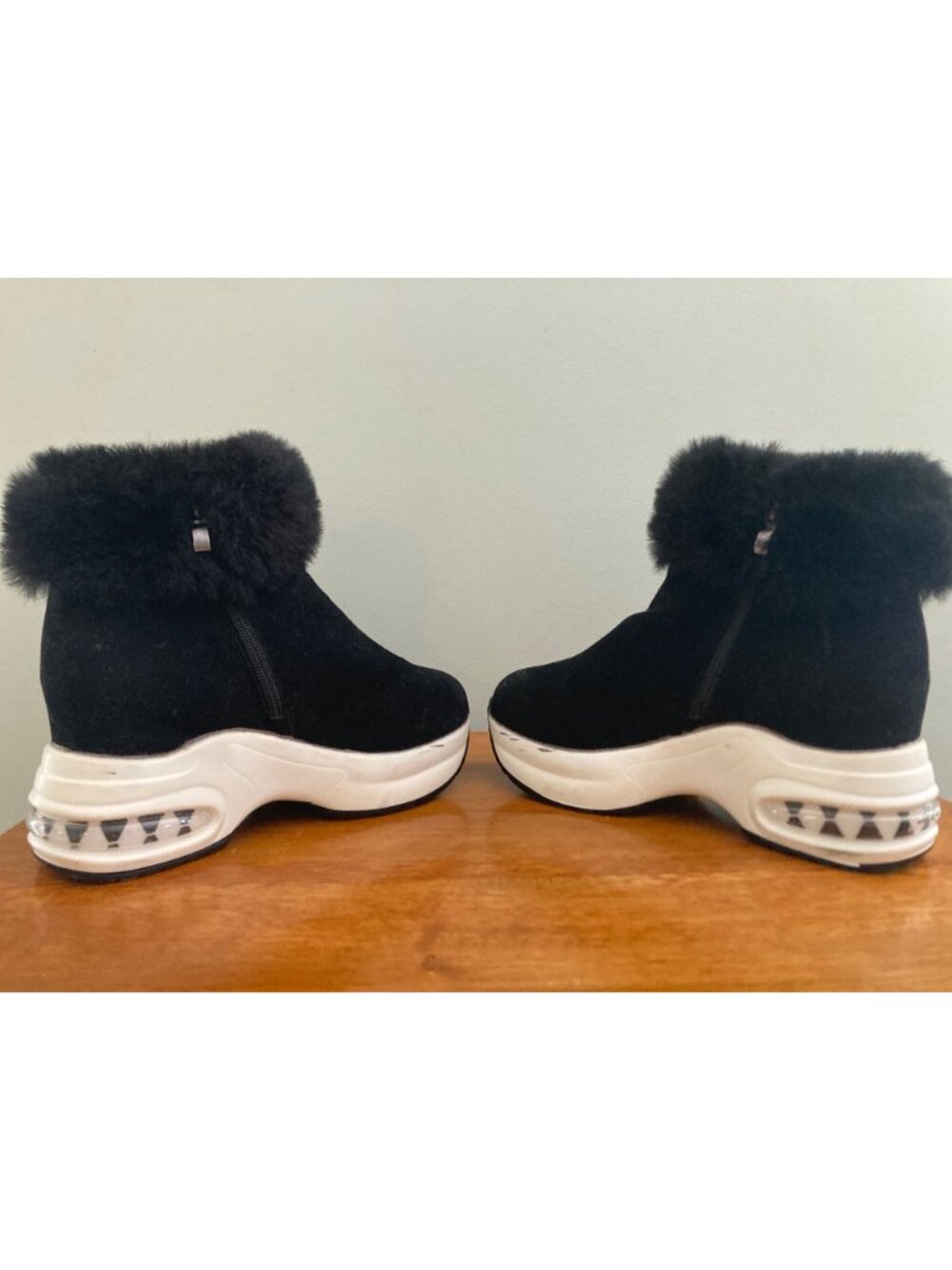 Faux Fur-Trimmed Black Wedge Ankle Boots With Air Cushion Sole Y2K, Gorpcore - Picture 5 of 7